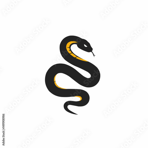 Illustration of a black snake with yellow markings on white. Snake raising head