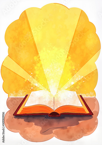 Open book with glowing light on a yellow background