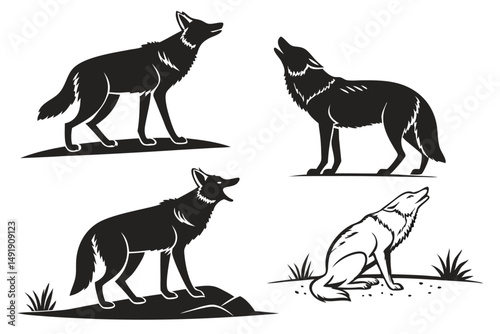 Silhouette Vector Illustration of Howling Wolves Isolated on White Background, Depicting Wild Canines and Tribal Style.