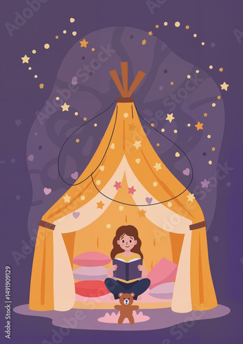 Girl reading a book in a cozy tent with stars