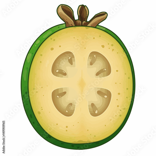 A halved feijoa, with seeds inside. Green and brown color scheme