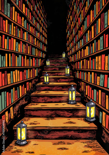 Staircase in library illuminated by lanterns
