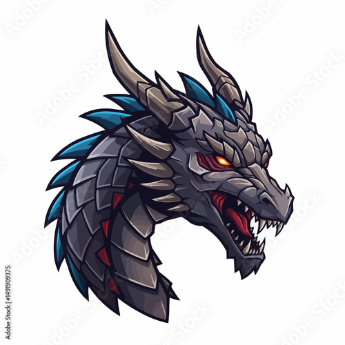 Detailed dragon head with horns, scales, sharp teeth, and menacing red eye detail