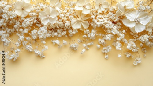 Delicate arrangement of dried white flowers on a pastel background.
