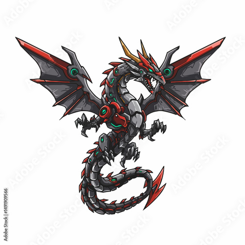 Mechanical dragon with red accents and dark grey wings, poised and ready to strike