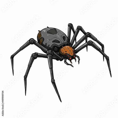 Robotic spider with detailed mechanical legs and abdomen on white background