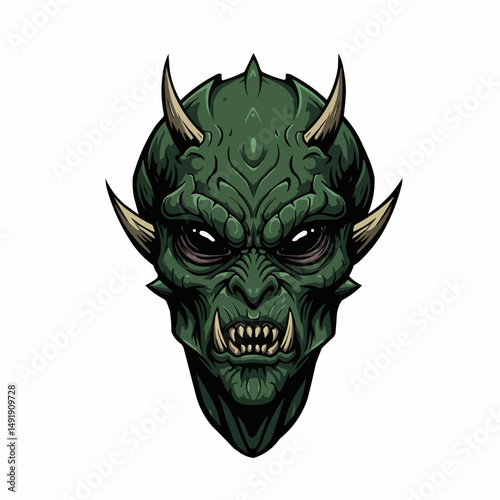 Green demonic creature with large horns and glowing eyes, poised to strike