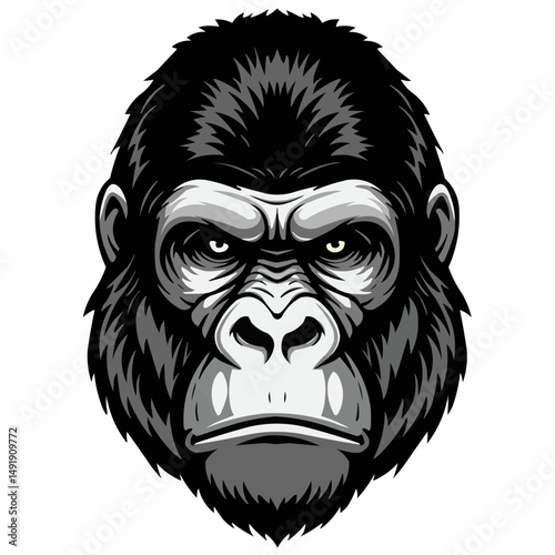 A grayscale drawing of a ape, depicted with intensity and focus in its piercing gaze