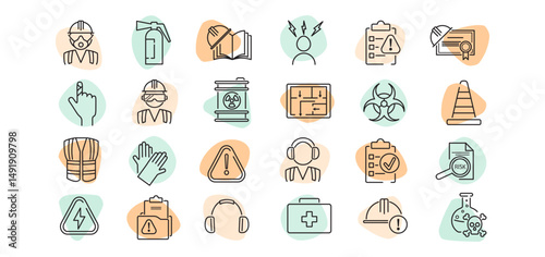 Icon set illustrating safety at work, health, accident prevention, and environmental risk. Includes industry hazard and safe equipment symbols. Linear vector style.