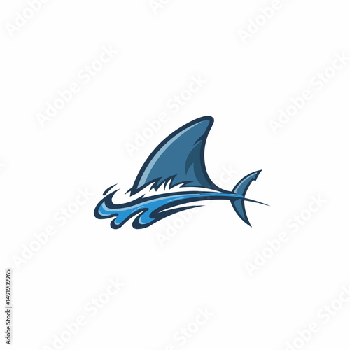 Stylized blue shark, partially visible,  against a white background. Fin is on view