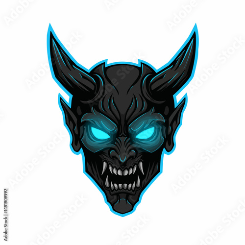 Fierce monster face with horns and glow. Intense gaze and dark color scheme