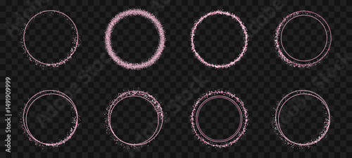 Rose gold frame bundle. Shiny metallic circular border collection. Thin glitter ring element set for card, poster, photo, label or design layout. Vector