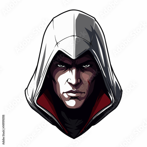 Hooded figure with intense eyes, illustrated in a graphic novel style on white