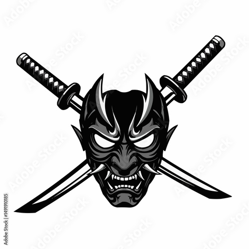 Fierce warrior visage with crossed katanas, monochrome design