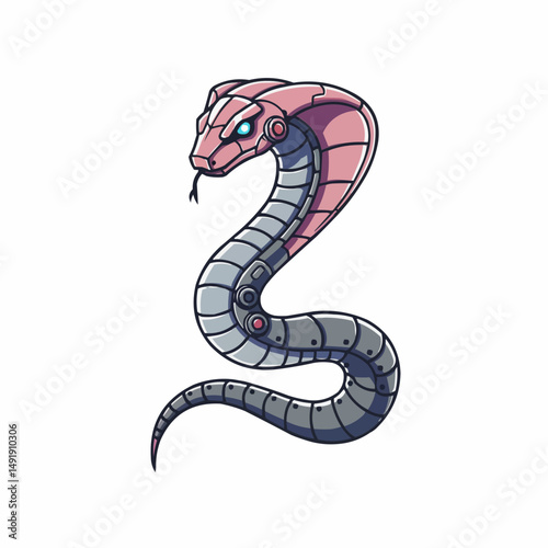 Mechanical snake illustration with pink metal parts and robotic blue eye