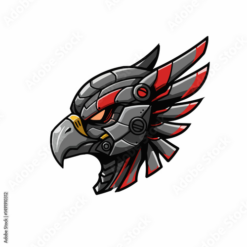 Sci-fi gray robot with red accents and a yellow detail in the face