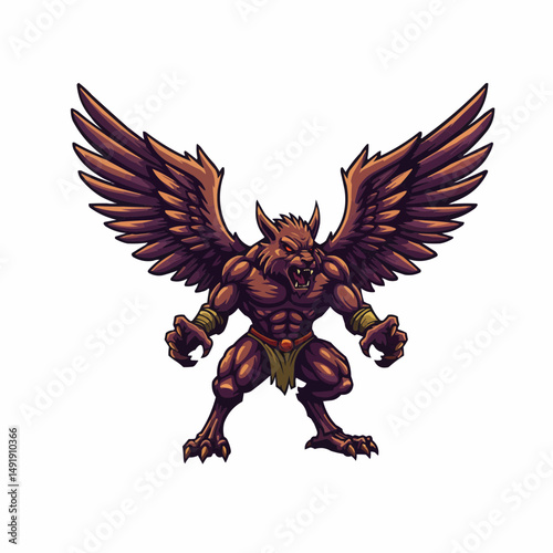 Winged werewolf with fangs, red eyes, and detailed brown and purple feather art
