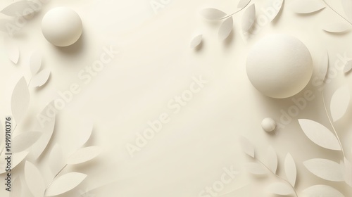 Elegant white paper texture with leaves and spheres.