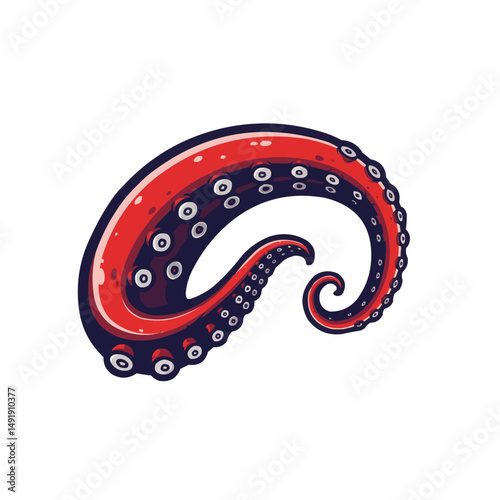 Octopus tentacle in red and purple, white suction cups, swirly shape on white