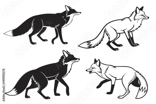 Elegant Fox Vector Set: Black and White Line Art Illustrations of Wild Animals in Various Poses Isolated on White.