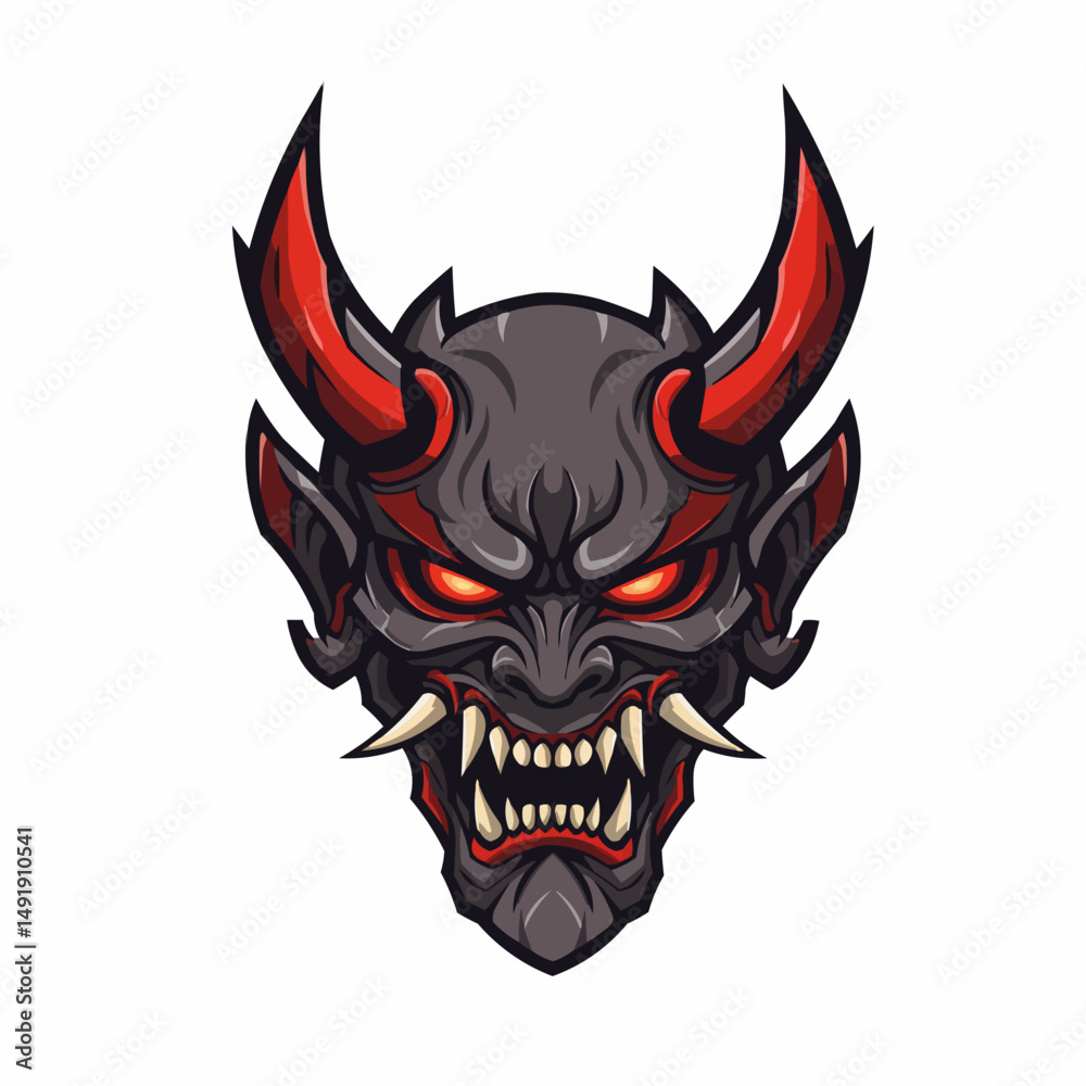 Fiery horns rise above a gray mask, evoking a sense of primal power and mystery Fiery horns rise above a gray mask, evoking a sense of primal power and mystery