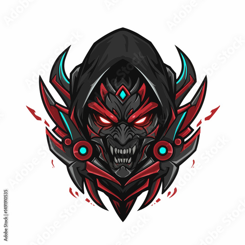 Animated masked face with a dark hood and red accents, glowing eyes and turquoise highlights