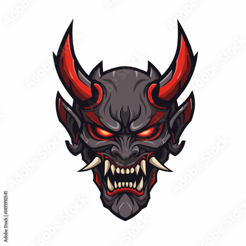 Fiery horns rise above a gray mask, evoking a sense of primal power and mystery