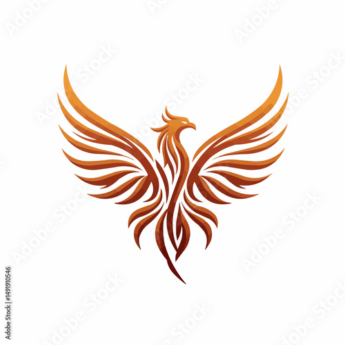Golden hues form a rising bird with flowing wings on a white background