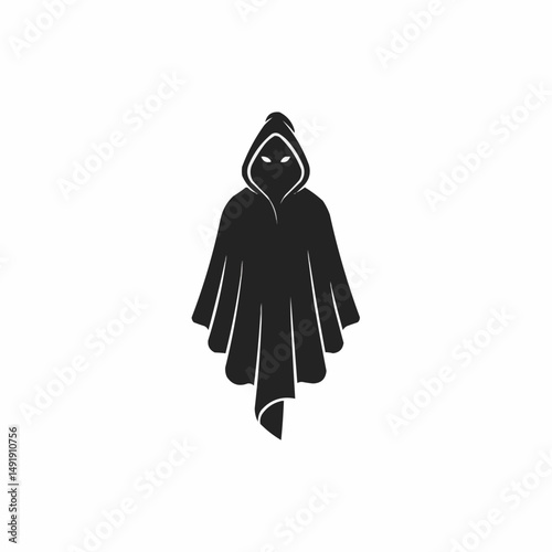 A hooded figure with glowing eyes, in black against a white background. Minimalistic design