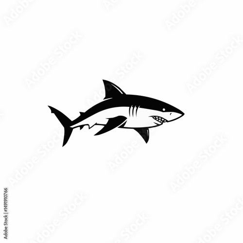 A fierce shark icon swims, teeth bared. Graphic in black and white style
