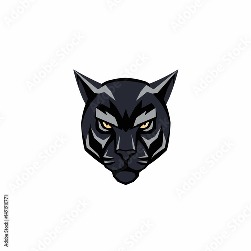 Stylized wolf head with intense yellow eyes and gray and black shading