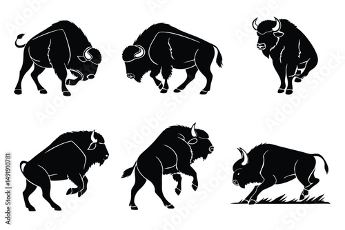 Bison Silhouette Vector Set: American Buffalo in Various Poses, Wildlife Icon, National Animal, Wild Animal.