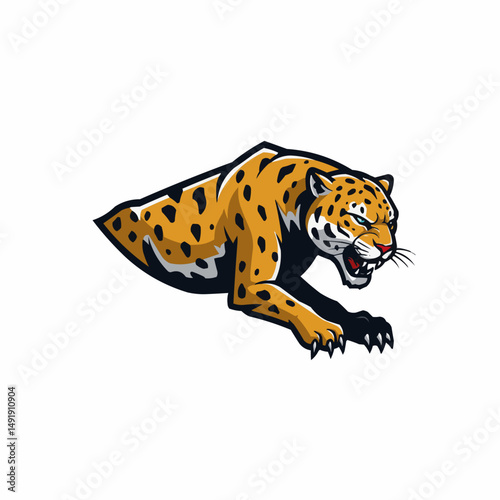 Graphic depiction of crouching jaguar with a yellow fur and black spots ready to pounce