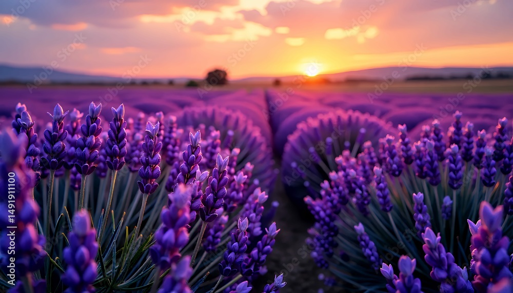 Obraz premium Endless lavender field stretches to the horizon under a soft, dreamy sunset sky, tranquil scene.