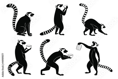Set of Ring-Tailed Lemurs in Various Poses Silhouette Style, Drinking and Sharing Objects, Isolated on White Background.