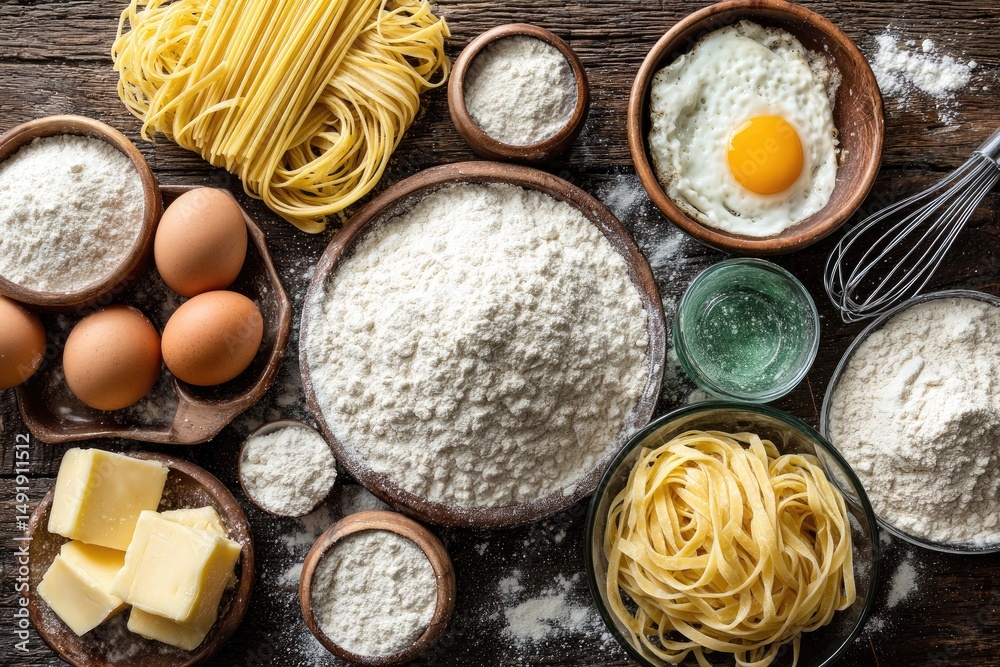 Fresh pasta ingredients arranged on a rustic wooden surface Fresh pasta ingredients arranged on a rustic wooden surface