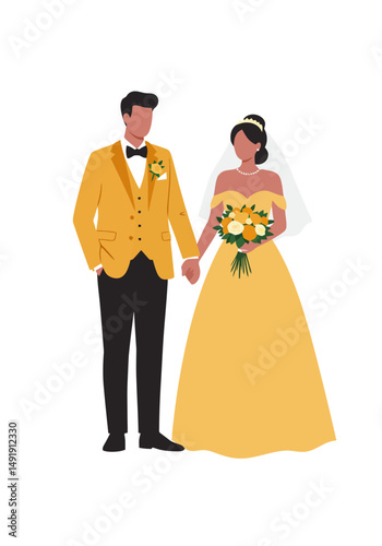 Elegant Wedding Couple in Matching Yellow Attire Illustration
