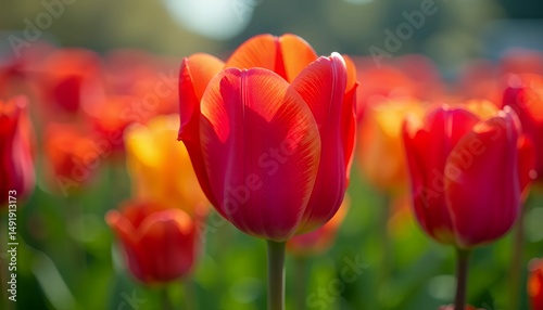 Close-up of a vibrant red tulip with sunlit petals surrounded by a blurred field of flowers.