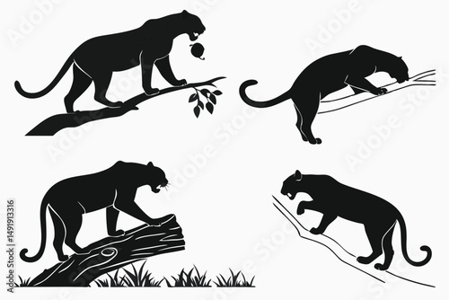 Black Panther Silhouettes Set: Jungle Predators Climbing Trees, Wildlife Vector Art for Graphic Design and Animal Illustrations.