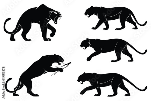 Collection of Silhouette Black Panther Illustrations in Various Poses on White Background for Graphic Design.