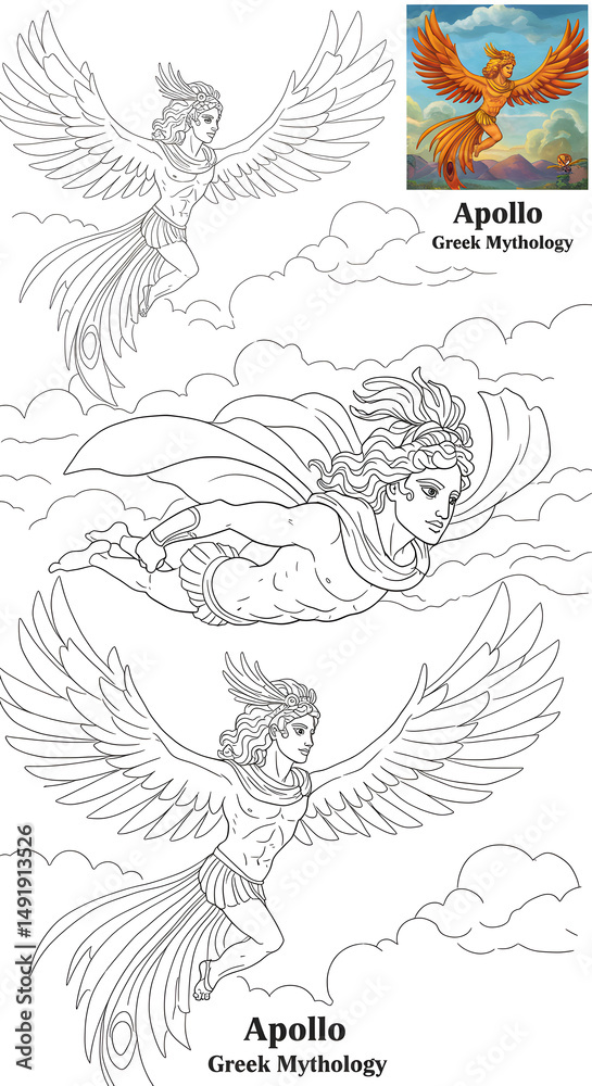 Obraz premium Apollo, God of Sun & Light: Greek Mythology Coloring Page & Reference Art