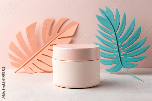 Minimalist Cream Jar Mockup with Tropical Leaves on Pastel Pink Background for Cosmetic Branding.