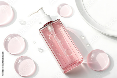 Pink cosmetic bottle with pump dispenser and gel droplets on white background, minimal aesthetic beauty product photography.