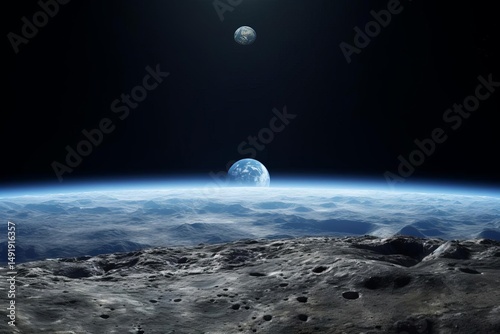 View from a cratered moon surface with Earth on horizon and another planet in the sky against dark space.