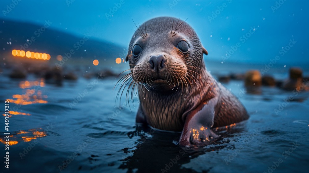 Fototapeta premium A seal pup floats in calm waters, showcasing its round face and whiskers as gentle waves surround it in a dusk setting. Soft lights from the shore add a magical touch to the scene.