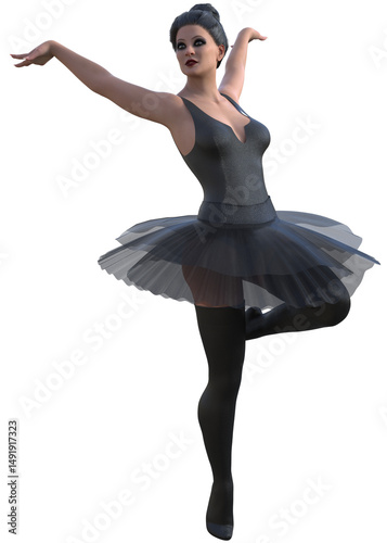 3D illustration of ballerina in black attire. Perfect for theater posters, dance promotions, or artistic projects. Pose radiates elegance and drama, blending classical ballet with modern design. 
