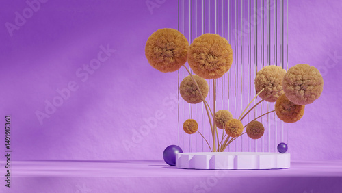 in landscape arch and glass wall, 3d rendering mockup template purple color curved cylinder podium