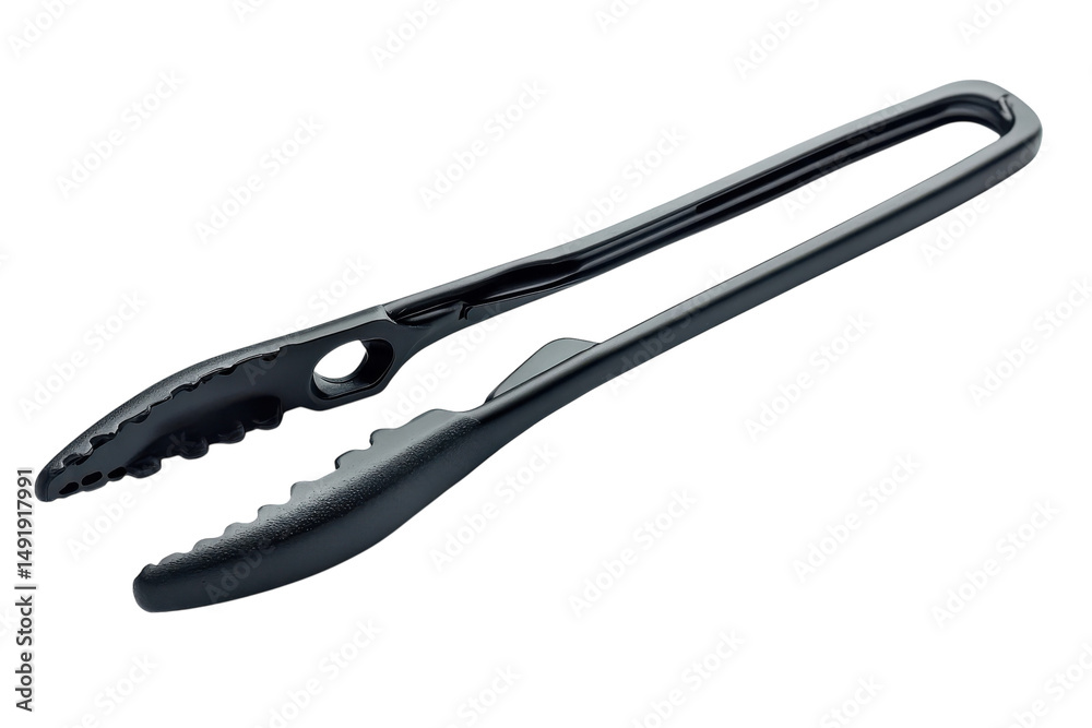 Fototapeta premium Stainless steel kitchen tongs, black metal serving utensil, cooking and grilling tool for food prep and catering isolated on Transparent Background