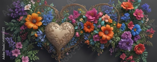 Intricate hand-drawn heart decorated with colorful flora and symbolic details , graphics, summer