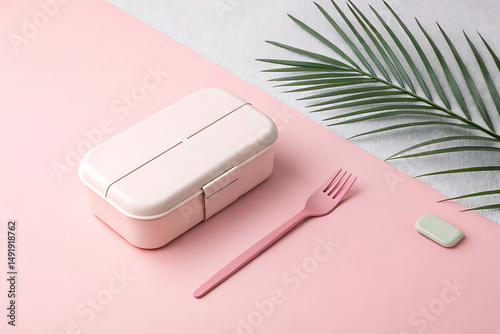 Minimalist Arrangement with Pastel Lunchbox, Pink Fork, and Palm Leaf on a Two-Tone Background for Healthy Eating.